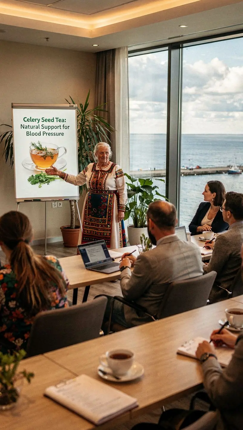 Arbatos puodelis su garuojančia salierų sėklų arbata ir šviežiais prieskoniais.