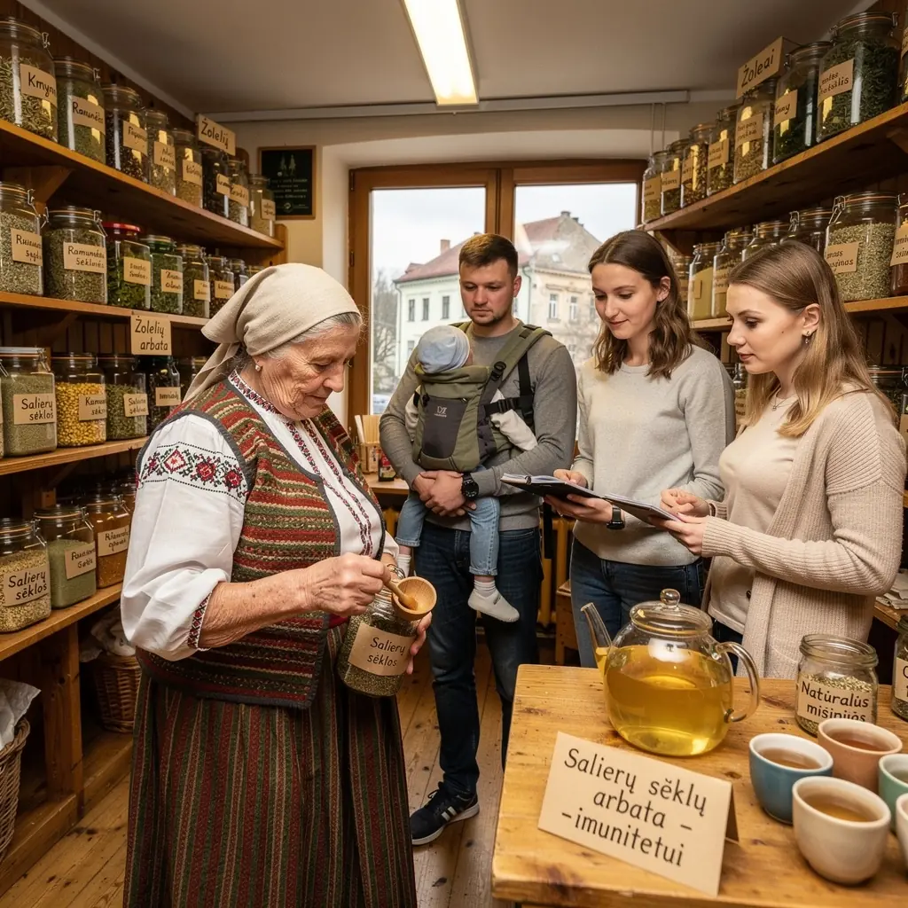 Salierų sėklų arbatos pakelis su informacija apie naudingas savybes.