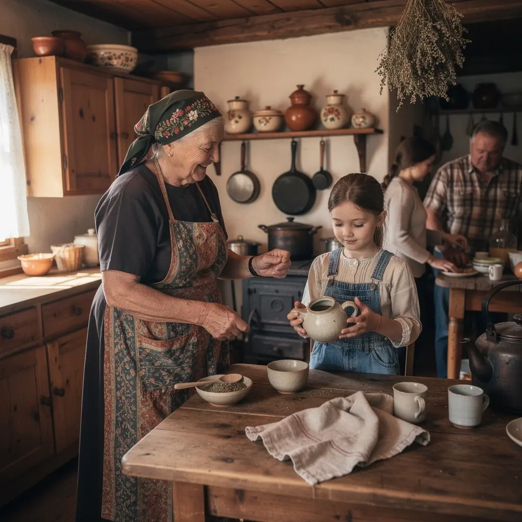 Žolelių ingredientai, naudojami salierų sėklų arbatai, išdėstyti ant stalo.